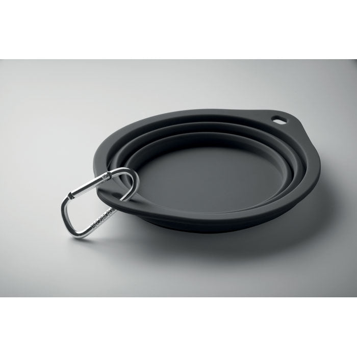 Reklamna sklopiva silikonska zdjelica za kućne ljubimce s karabinerom, crne boje | Poslovni pokloni