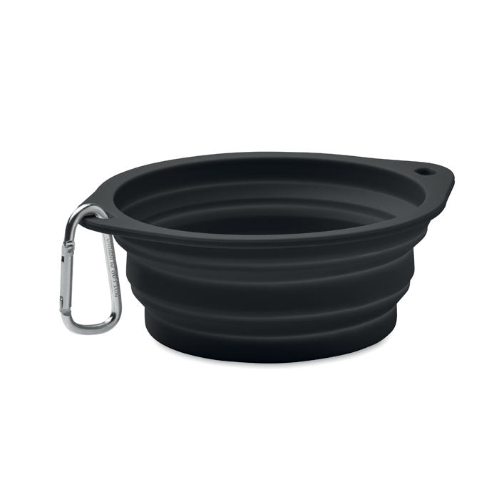 Promidžbena sklopiva silikonska zdjelica za kućne ljubimce s karabinerom, crne boje | Poslovni pokloni