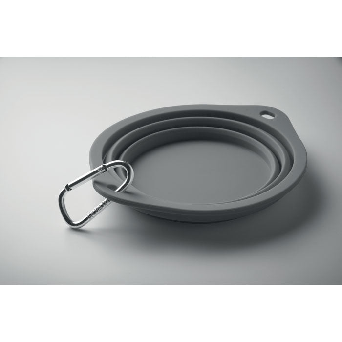 Reklamna sklopiva silikonska zdjelica za kućne ljubimce s karabinerom, sive boje | Poslovni pokloni