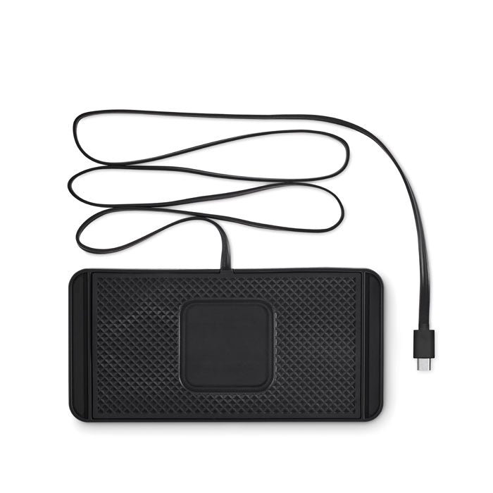 Reklamni bežični auto punjač snage 15W s protukliznom PVC podlogom, crne boje | Poslovni pokloni
