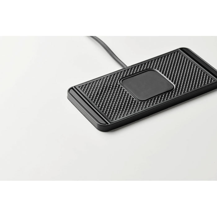 Promo bežični auto punjač snage 15W s protukliznom PVC podlogom, crne boje | Poslovni pokloni
