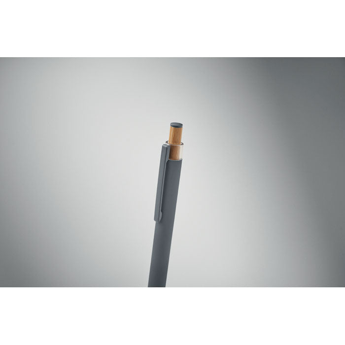 Promidžbena kemijska olovka od recikliranog aluminija s gumbom od bambusa, sive boje | Poslovni pokloni