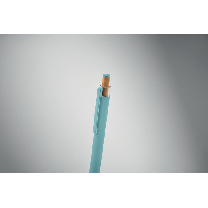 Promidžbena kemijska olovka od recikliranog aluminija s gumbom od bambusa, svijetloplave boje | Poslovni pokloni