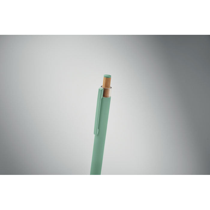 Promidžbena kemijska olovka od recikliranog aluminija s gumbom od bambusa, zelene boje | Poslovni pokloni