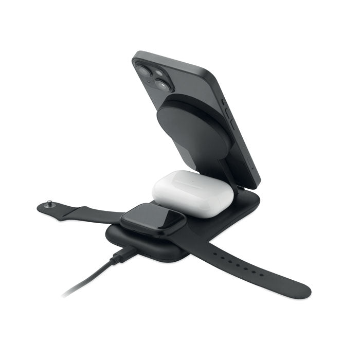 Promotivna 3-u-1 ABS stanica za bežično punjenje, crne boje | Reklamni pokloni | Promo pokloni