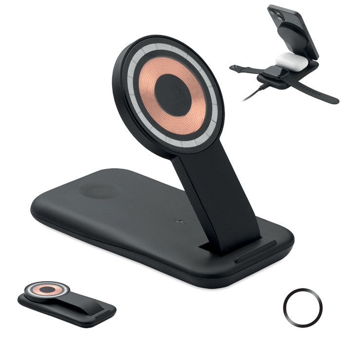 Promotivna 3-u-1 ABS stanica za bežično punjenje, crne boje | Poslovni pokloni