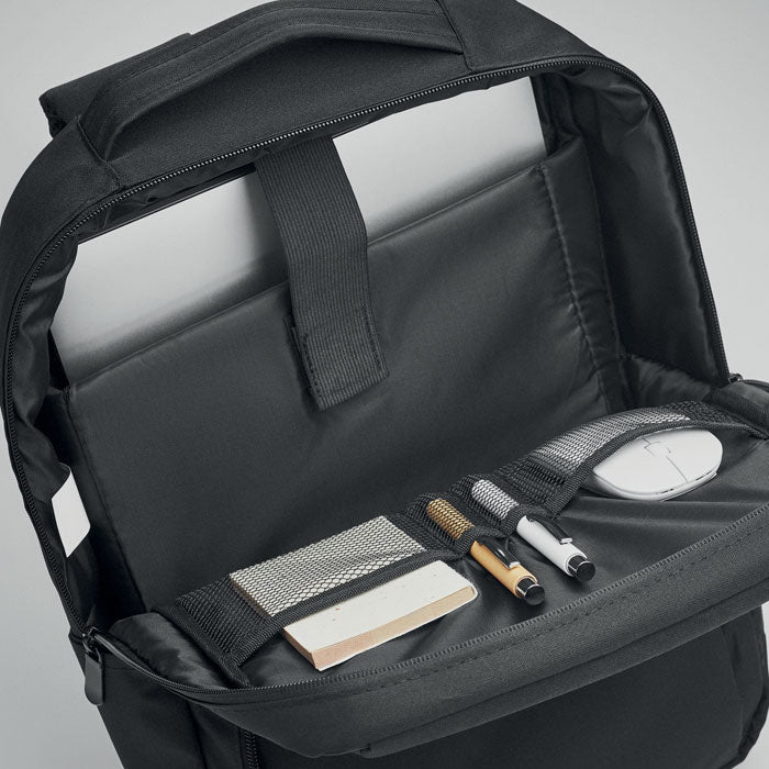 Promo kompaktni ruksak za prijenosno računalo od 300D RPET poliestera, crne boje | Poslovni pokloni