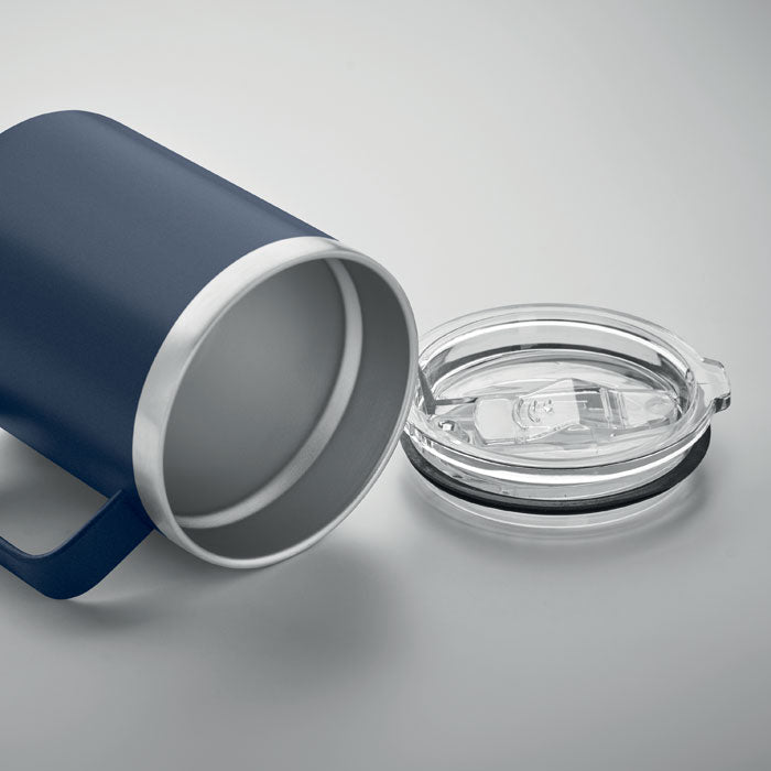 Promotivna putna šalica od recikliranog nehrđajućeg čelika s kliznim poklopcem, 300 ml, navy plave boje | Promidžbeni pokloni | Reklamni pokloni