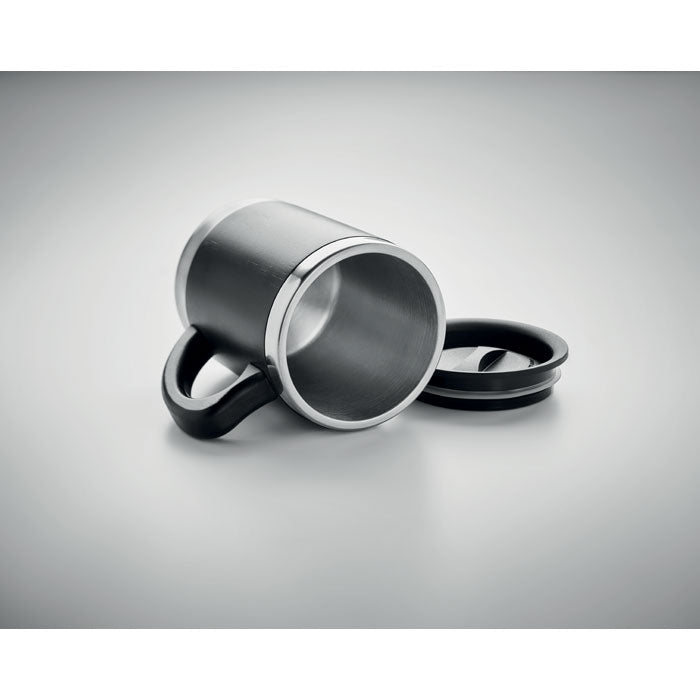 Promotivna dvoslojna putna šalica od nehrđajućeg čelika i bambusa s poklopcem, 300ml, crne boje | Reklamni pokloni