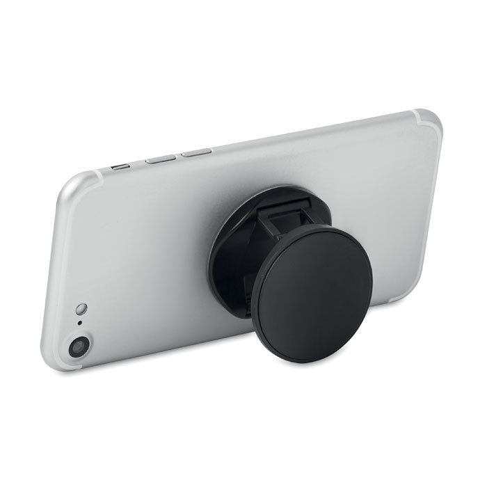 Reklamni okrugli sklopivi držač/stalak za mobitele, crne boje | Poslovni pokloni