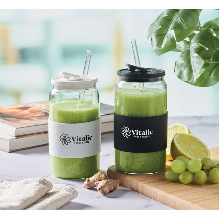 Promotivna staklena putna šalica sa silikonskim držaćem i poklopcem, 550ml, tisak | Poslovni pokloni