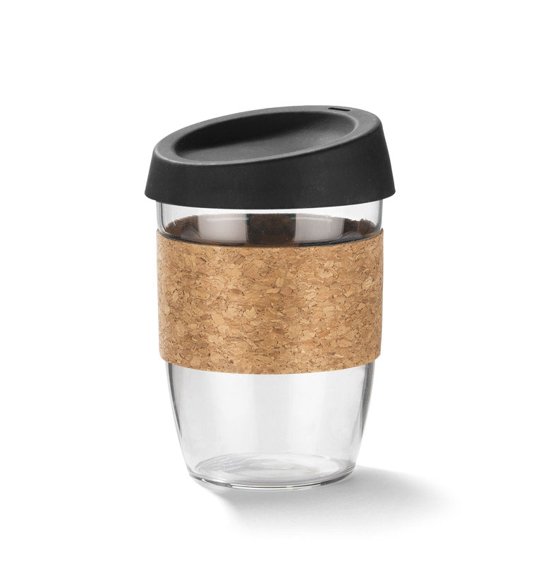 Eko promo staklena šalica s omotačem od pluta, 380ml, crne boje | Poslovni pokloni