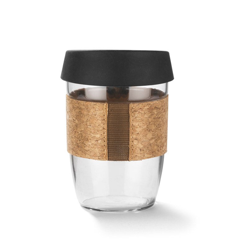 Eko reklamna staklena šalica s omotačem od pluta, 380ml, crne boje | Poslovni pokloni