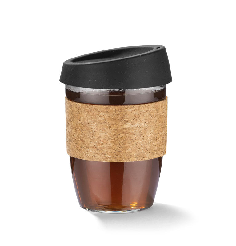 Eko promo staklena šalica s omotačem od pluta, 380ml, crne boje | Poslovni pokloni i promotivni proizvodi za tisak loga