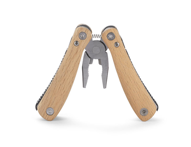 FORT višenamjenski alat džepne je veličine s drvenom završnom obradom. Funkcije: kliješta, rezač, nož, ravni i križni odvijač, turpija, pila, otvarač za boce i konzerve.