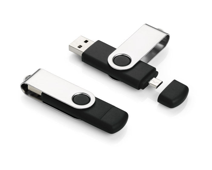 Promotivni USB stick rotirajući s mikro USB-om, crne boje, za tisak loga | Poslovni pokloni
