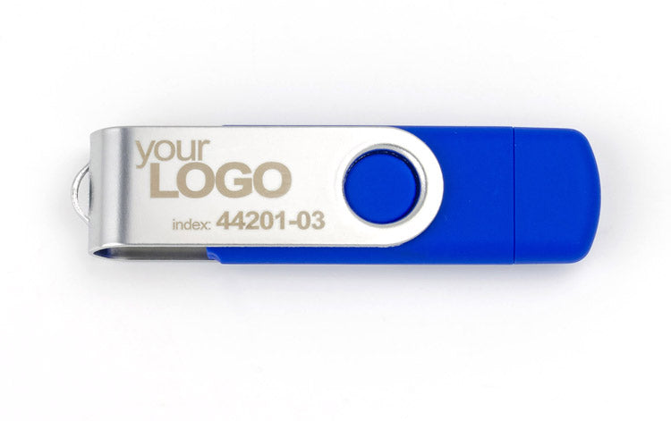 Promotivni USB stick rotirajući s mikro USB-om, plave boje, s laserskom gravurom loga | Poslovni pokloni