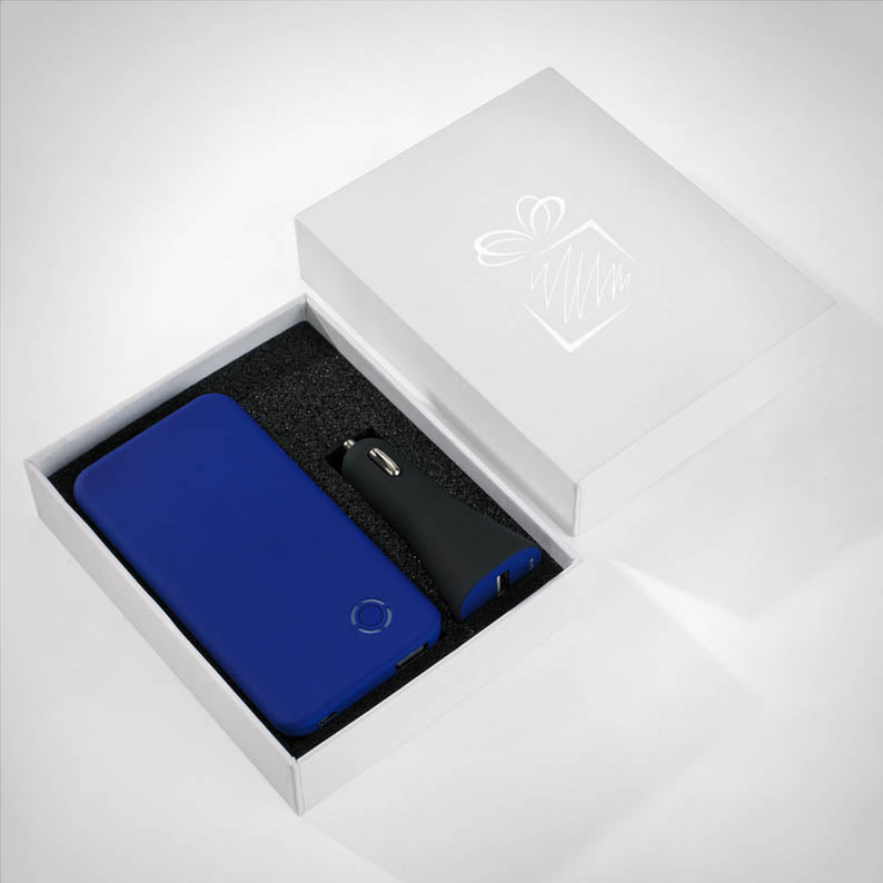 Promotivni poklon set USB auto punjač i prijenosna baterija, 4000mAh, navy plave boje | Poslovni pokloni