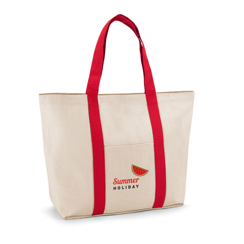 Velika promotivna pamučna torba za plažu s prednjim džepom, crvene boje, s tiskom loga | Poslovni pokloni