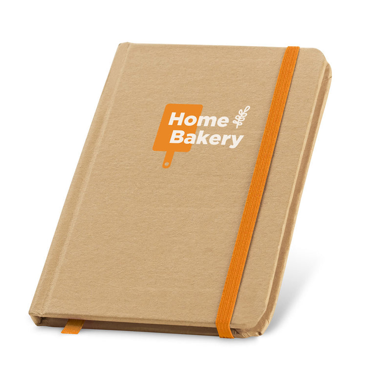 Promotivni eko džepni notes s gumicom u boji, narančaste boje, s tiskom loga | Poslovni pokloni