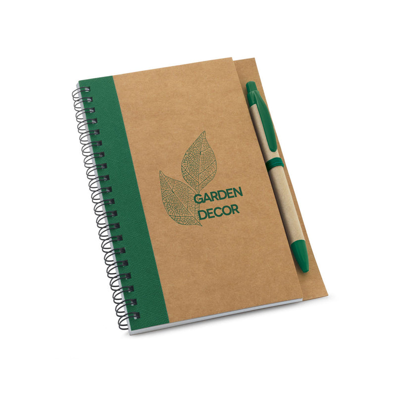 Promotivni eko B6 notes sa spiralnim uvezom, zelene boje, s tiskom loga | Poslovni pokloni