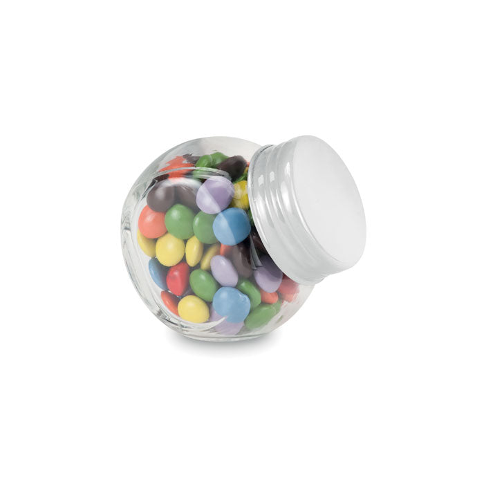 Poslovni pokloni | Promo pokloni | Promotivni čokoladni bomboni u mini staklenci za tisak logotipa, bijele boje