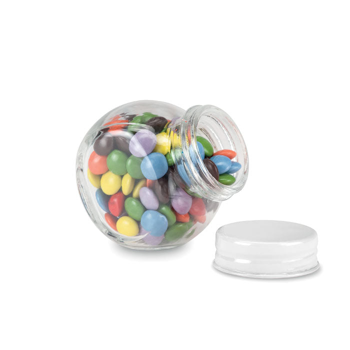 Poslovni pokloni | Promo pokloni | Reklamni čokoladni bomboni u mini staklenci za tisak logotipa, bijele boje