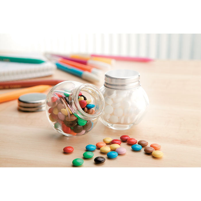 Poslovni pokloni | Promo pokloni | Promidžbeni čokoladni bomboni u mini staklenci za tisak logotipa, srebrne boje