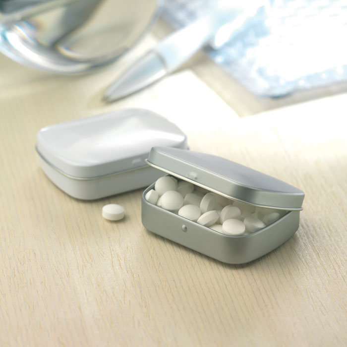 Poslovni pokloni | Promo pokloni | Promotivna limena kutijica s mint bombonima za tisak logotipa, mat srebrne boje