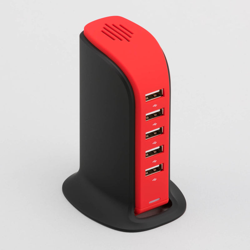Promotivna stolna stanica za punjenje s 5 USB ulaza, crvene boje | Poslovni pokloni