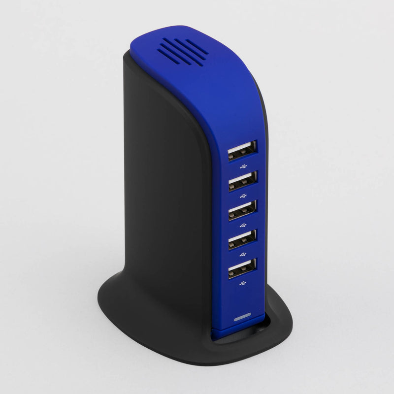 Promotivna stolna stanica za punjenje s 5 USB ulaza, navy plave boje | Poslovni pokloni