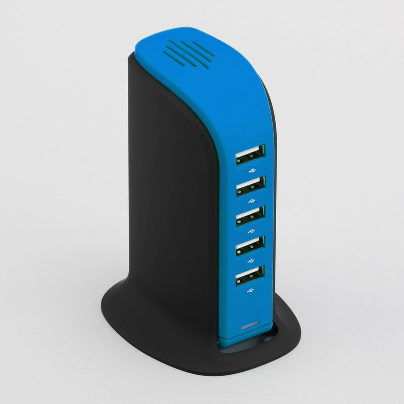 Promotivna stolna stanica za punjenje s 5 USB ulaza, plave boje | Poslovni pokloni