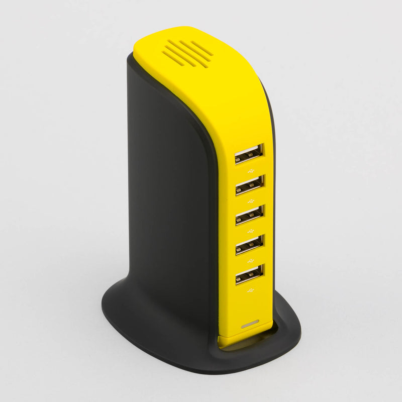 Promotivna stolna stanica za punjenje s 5 USB ulaza, žute boje | Poslovni pokloni