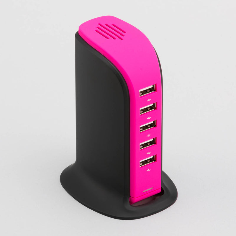Promotivna stolna stanica za punjenje s 5 USB ulaza, ružičaste boje | Poslovni pokloni