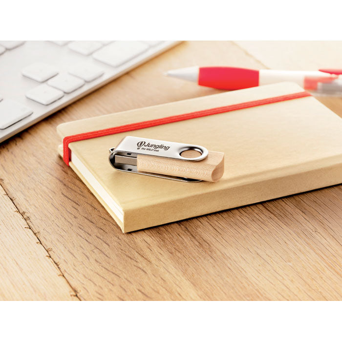 Promo eko rotirajući drveni USB stick, 1Gb - 32Gb, svjetlosmeđe boje, s tiskom loga | Poslovni pokloni