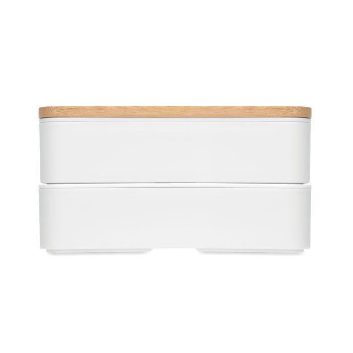 Promotivna kutija za užinu sa 2 pretinca i poklopcem od bambusa, bijele boje | Poslovni pokloni