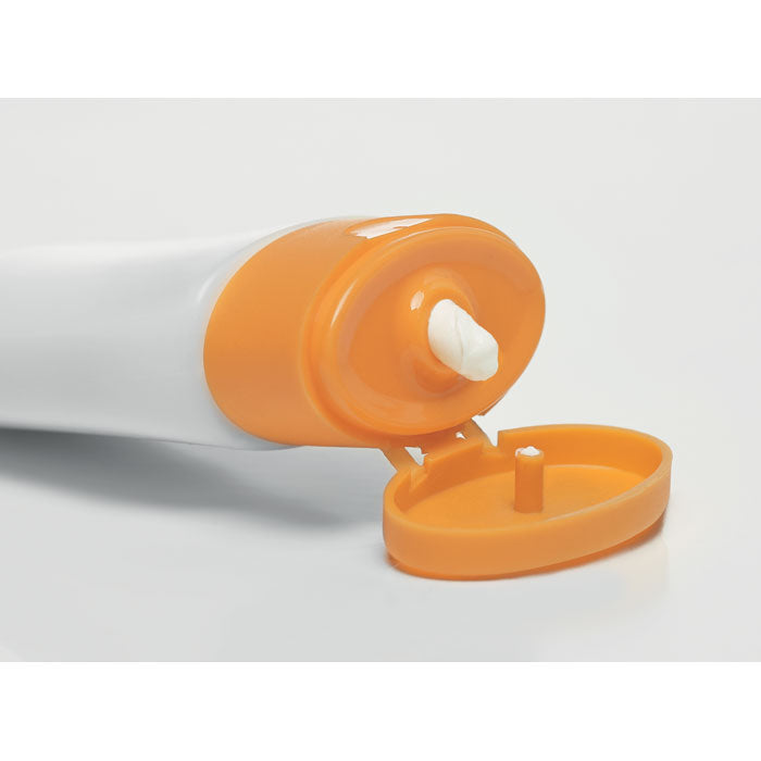 Promo krema za sunčanje u kutijici s karabinerom, narančaste boje, za tisak loga | Poslovni pokloni