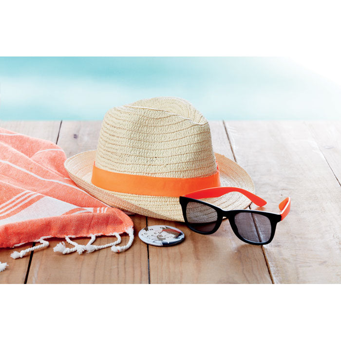 Poslovni pokloni | Promo pokloni | Reklamni šešir od papirnate slame s trakom u boji za tisak logotipa, narančaste boje