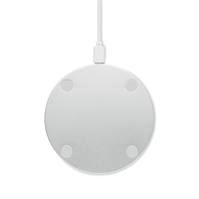 Brzi okrugli promo podložak za bežično punjenje od bambusa i aluminija, zadnja strana | Poslovni pokloni