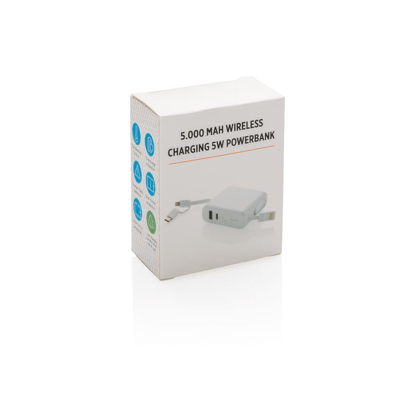 Promotivna prijenosna baterija s integriranim kabelom i bežičnim punjenjem, 5.000mAh, u poklon pakiranju