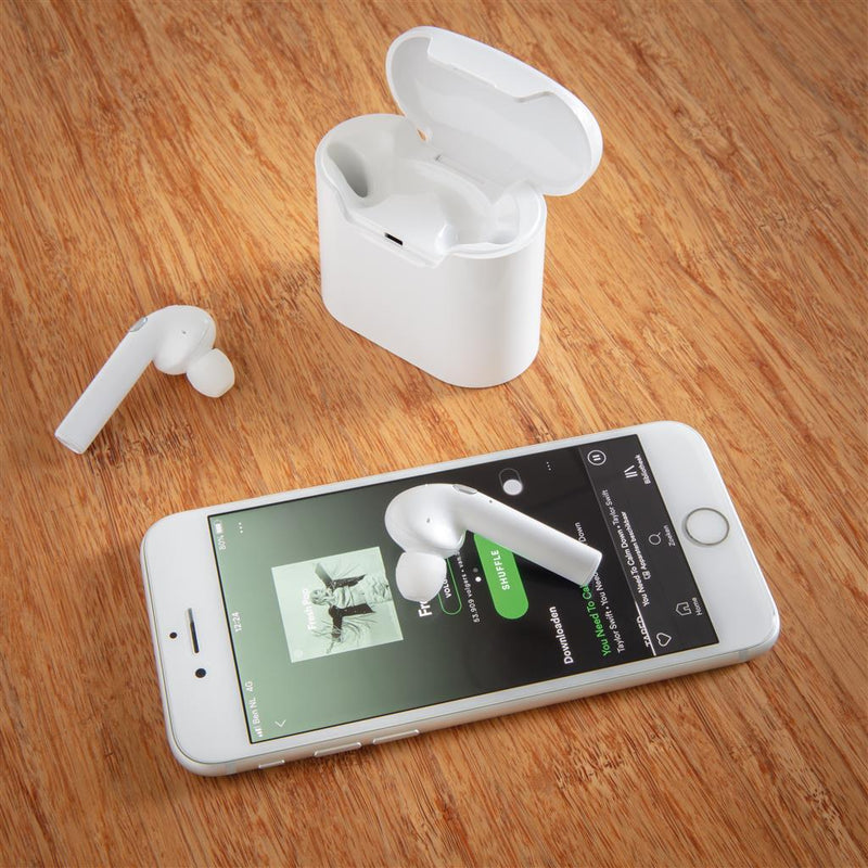 Promotivne bežične slušalice s kućištem za punjenjem bijele boje | Poslovni pokloni i promotivni proizvodi s tiskom loga