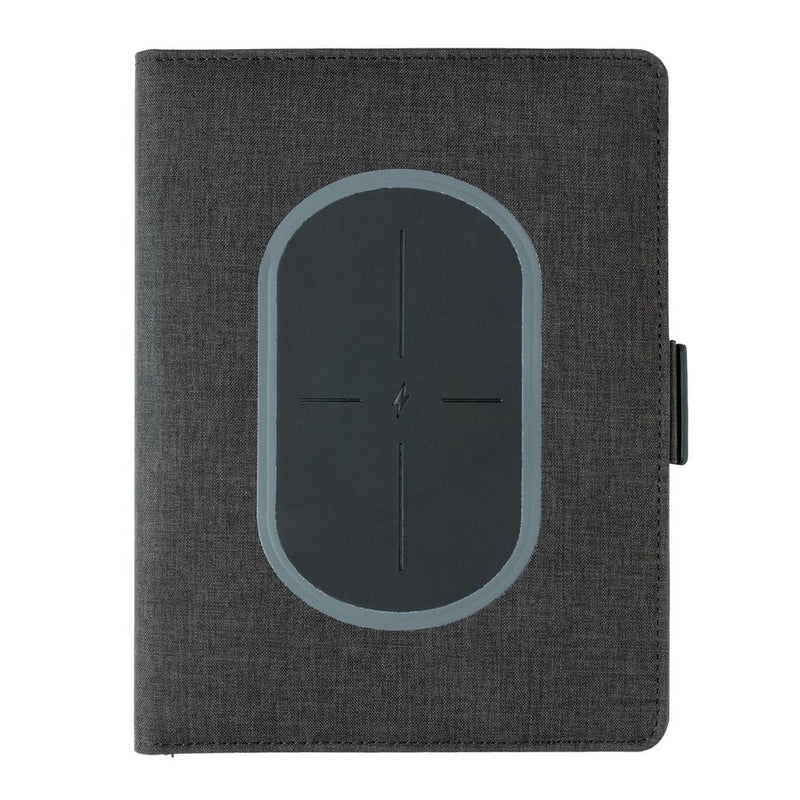 Poslovni pokloni | Promo pokloni | Promotivni notes s integriranim bežičnim punjačem, reklamni artikli za tisak logotipa, crne boje