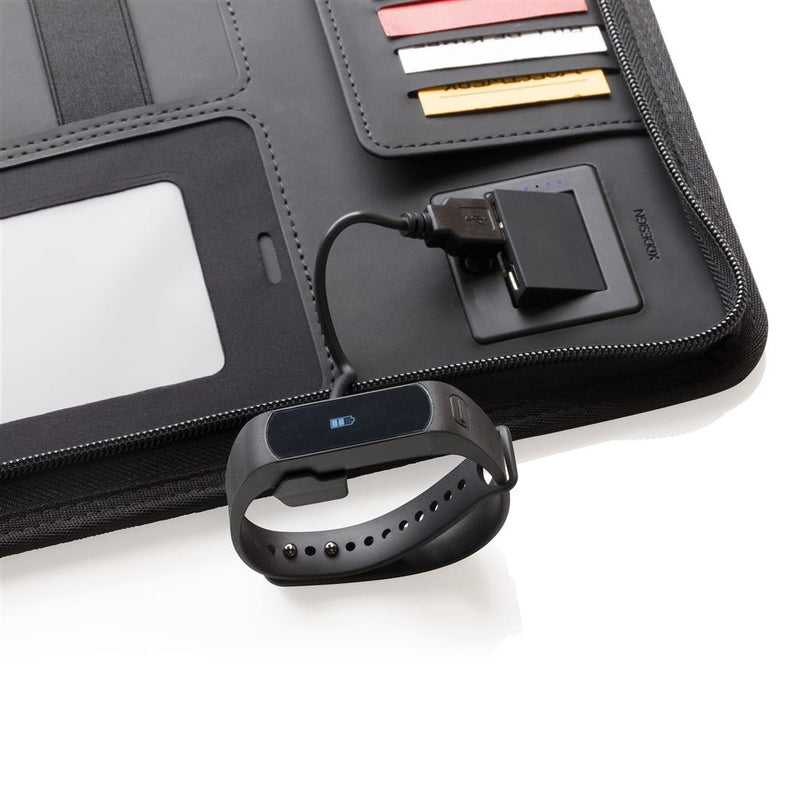 Promotivna A4 poslovna mapa s integriranim bežičnim punjačem, crne boje | Poslovni pokloni